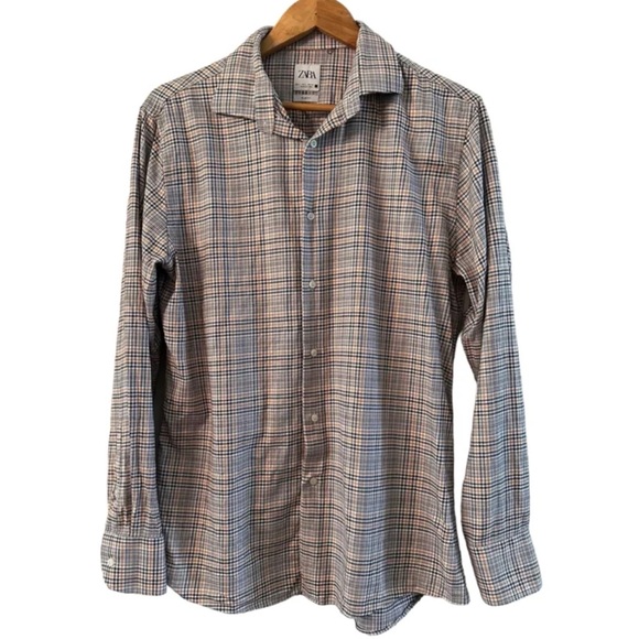 Zara Men’s Houndstooth Orange Black White Casual Button Down Slim Fit Shirt L - Picture 1 of 8
